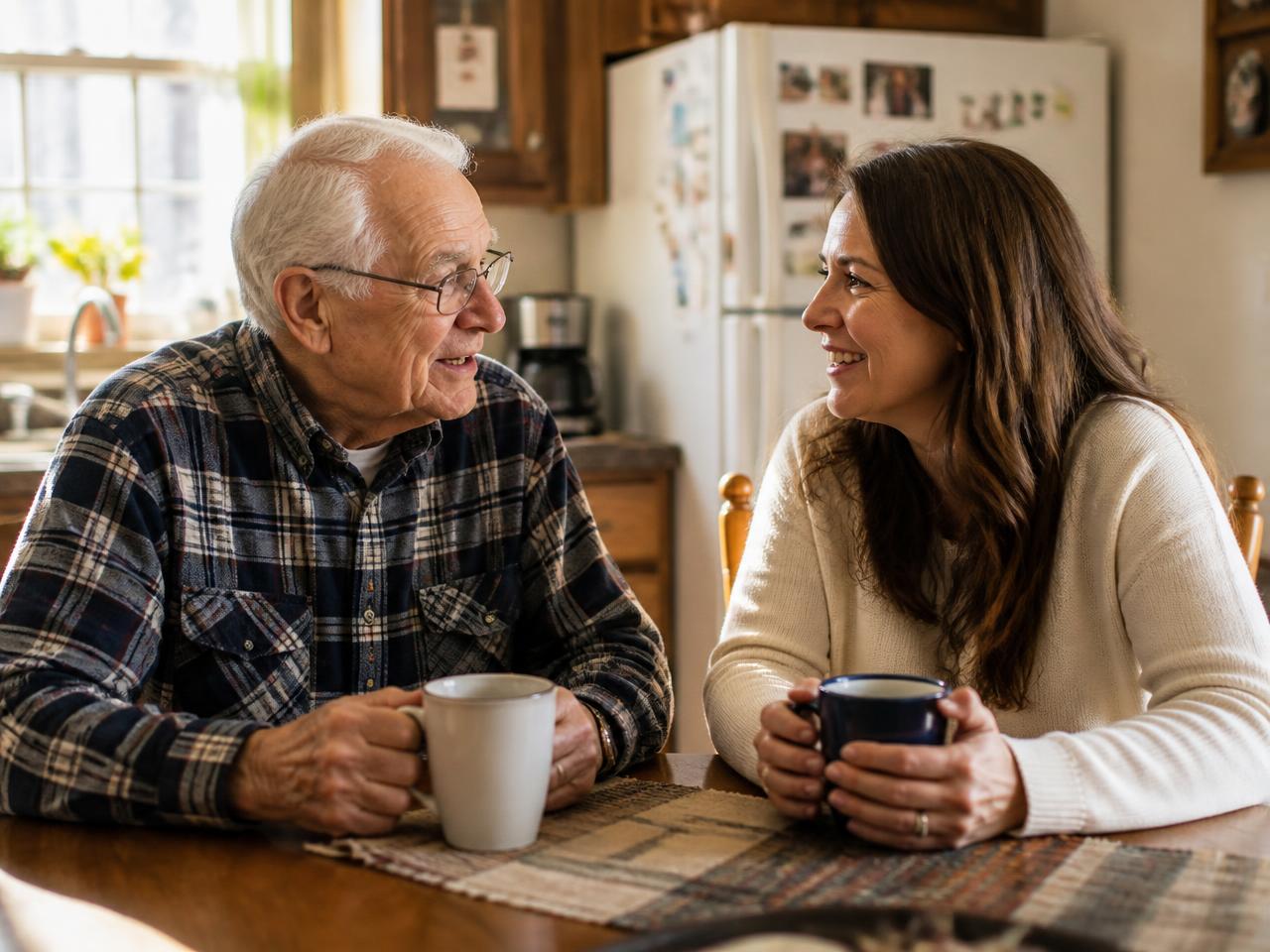 An older man and his adult daughter talking over coffee at a kitchen table