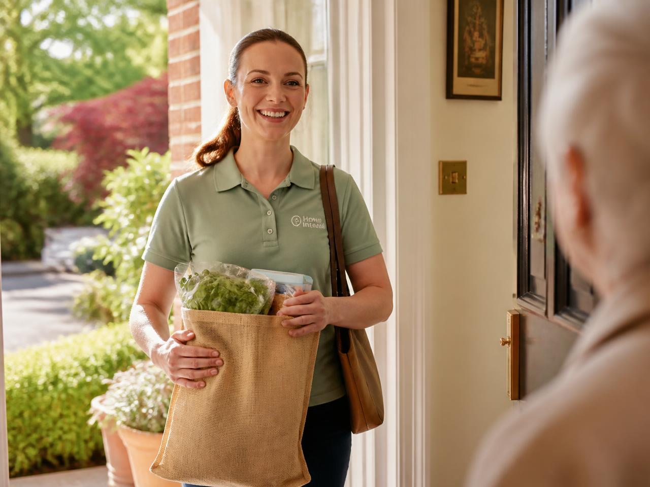 A smiling caregiver arriving at a client's home with groceries