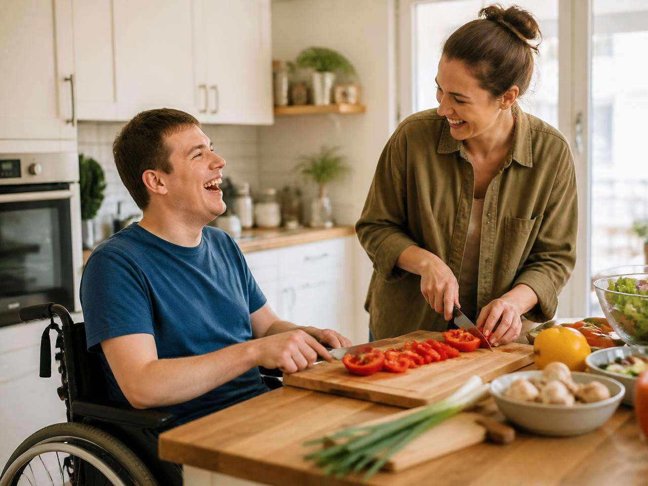 A support worker and a young man who uses a wheelchair preparing a meal together at home